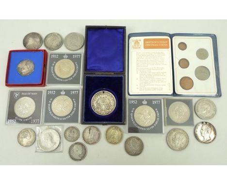 A quantity of coins including a George III Bull head Half Crown 1816, George II Lima Half Crown 1746, George IV Half Crown 18