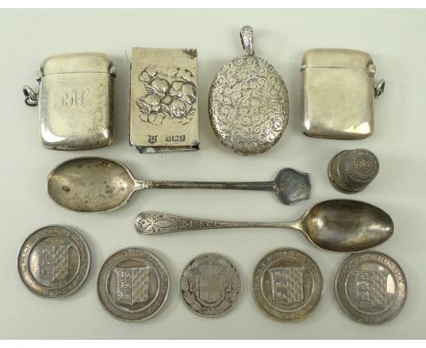 A silver vesta case, further vesta case, silver match stick holder, Victorian white metal locket, two Cross Country medals fo