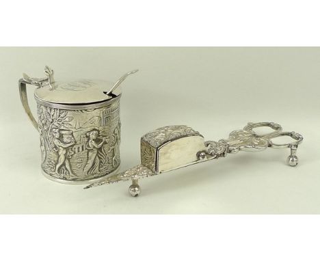 A silver mustard pot with intricate chased and repousse scene of a Bacchanalian feast, with monogrammed lid, Thomas Hayes, Bi