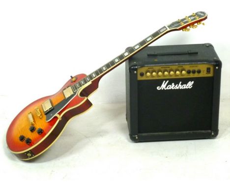 A Les Paul Epiphone Electric guitar, 100 by 7 by 34cm, and a Marshall G15RCP amplifier. (2)