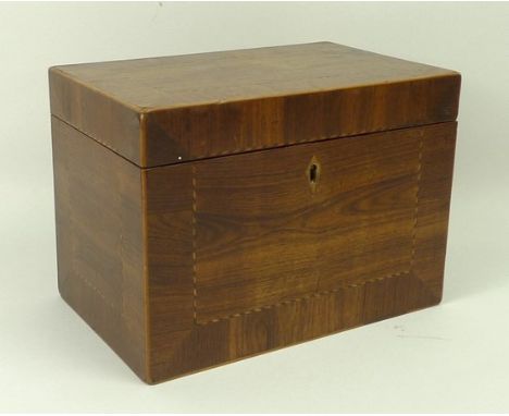 A George III rosewood tea caddy of rectangular form with crossbanded edges and checkered stringing, the interior with two lid