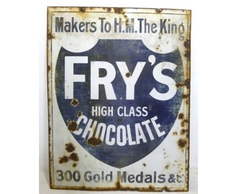 An early 20th century blue and white enamel sign for Fry's Chocolate, 62 by 79cm high.