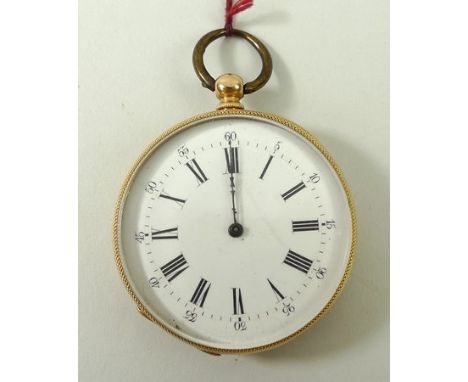 A gentleman's French gold plated, key wind, open faced pocket watch, late 19th century, enamel dial bearing Roman numerals, e