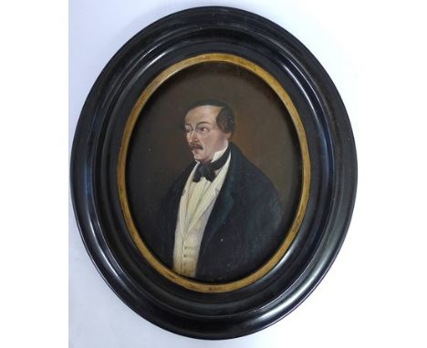 A French portrait of a 19th century gentleman in oval frame, oil on board, 19 by 15cm.