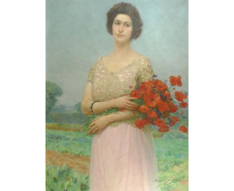 A 20th century oil on canvas, full length portrait of a lady holding a bunch of poppies, indistinctly signed and dated 1922, 