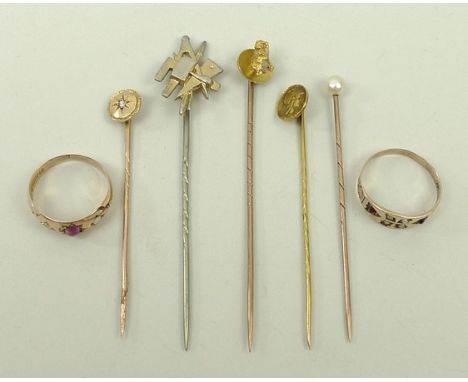 A gold and quartz nugget stick pin, 10ct gold and diamond set stick pin, three further pins, a 9ct rose gold, cabochon amethy