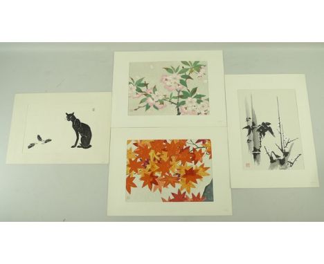 A Japanese woodblock print of a seated cat contemplating three feathers, and three further woodblock prints after Takamizawa 