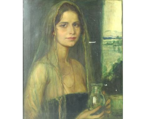 C. Max (20th century): portrait of a woman with veil, and holding a glass jar, oil on canvas, signed lower right, 59 by 49cm.
