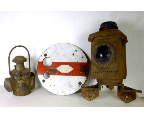 A 19th century railway lamp, with plate for London & North Eastern Railways, Kings Cross, a cast iron mounted railway lamp, m