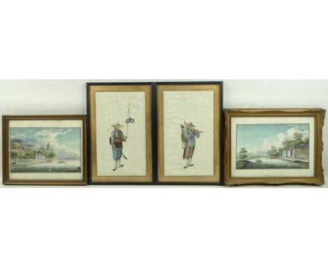 A pair of Chinese Export watercolours on pith paper, depicting romantic landscape scenes with pagodas, temples and junks on t