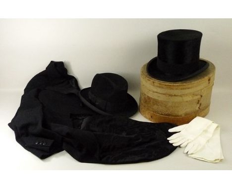 An Austin Reed brushed velvet top hat, size 7 5/8, boxed, a Homberg, tailcoat and a pair of gloves.