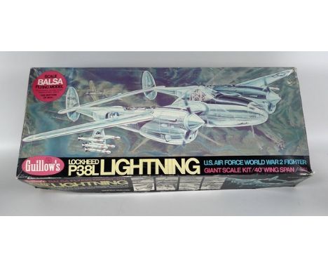 A Guillow's Scale Balsa Flying Model, Lockheed Lightning P38L, U.S Air Force World War 2 Fighter Giant Scale Kit, 40 inch win