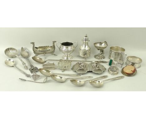 A quantity of silver, white metal and silver plate, comprising a silver spoon with a grape and vine handle, London 1926, a na