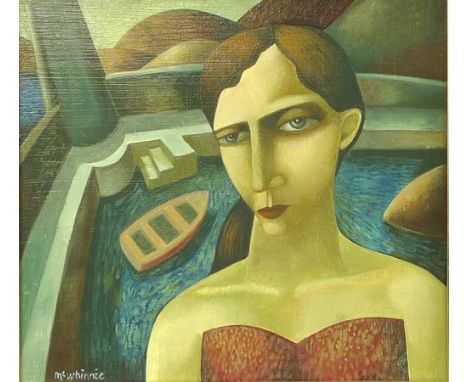 Mc Whinnie (b.1952): 'Harbour Portrait', oil on board, signed lower left, 25 by 28cm.
Provenance: Purchased from the Red Rag 