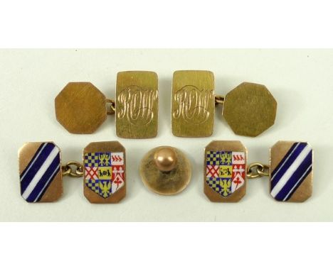 A pair of 9ct gold cufflinks with enamel blue and white diagonal and town crest, the other monogrammed ROW, and a gold stud, 