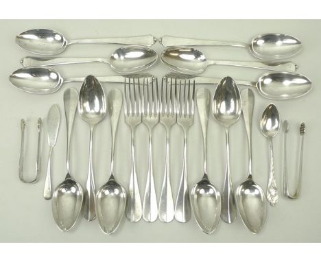 A collection of Continental and English silver and plated flatware, comprising six Swiss silver tablespoons, Jezler, a pair o