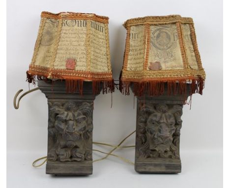 A pair of wall sconce light fittings, the carved oak bases modelled as lion's heads, with shades, 12 by 10 by 42cm high. (2)