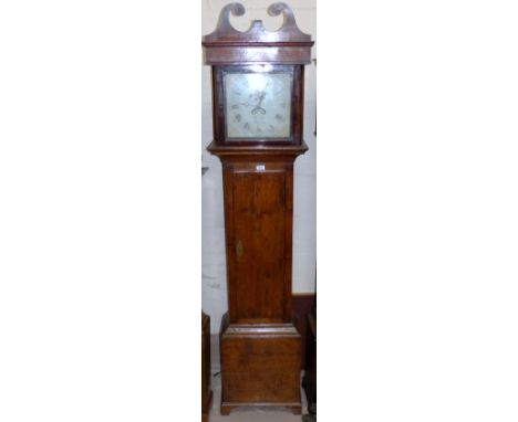 A 19th century oak cottage longcase clock with swan neck pediment, full length door, bracket feet, square painted dial and 30