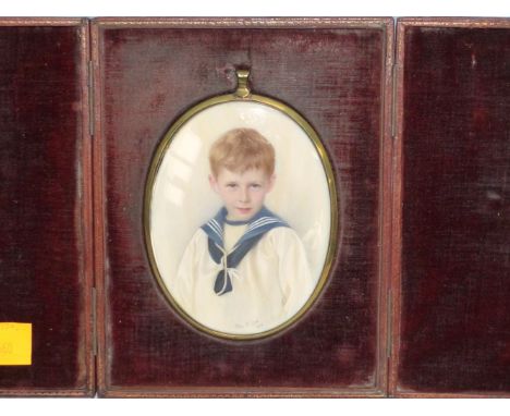 An early 20th century half-length miniature portrait of a boy in sailor suit, signed 'May B. Lee, 1918', 4¼" x 3¼", in enclos