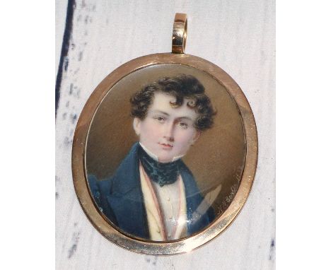 An early 19th century head and shoulders miniature portrait on ivory of a young man, signed 'N.N. Carter. 1832', 5.2 x 4.6 cm