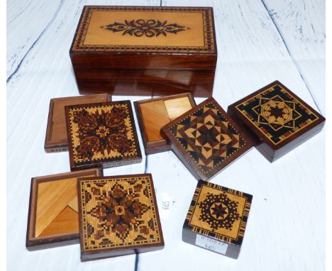 A Tunbridgeware rectangular trinket box, length 4½"; 5 similar small square boxes; 6 similar miniature boxes; a similar tray