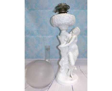 A Victorian pottery table lamp in the form of a young woman and dove, impressed "Owen Hale SC 1886, Copeland", with frosted s