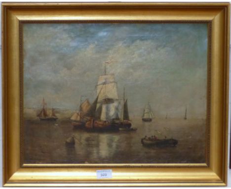 H Lambert:  Seascape with smaller vessels unloading sailing barges, oil on canvas, signed, 13½ " x 17½", framed (crazed)