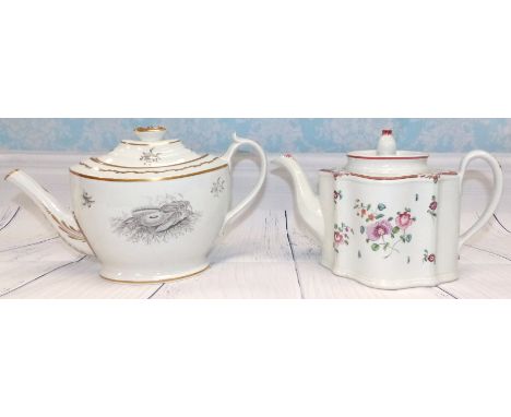 A Miles Mason porcelain teapot with grey transfer shell motifs, c. 1805, 10½"; a New Hall teapot from the same period