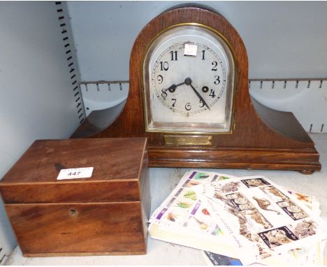 A small Georgian tea caddy, an oak cased mantel clock and other collectables and stamps