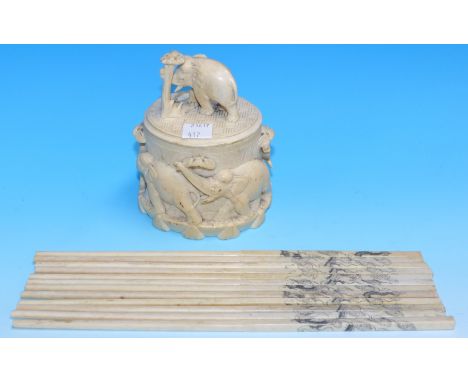 An Indian carved ivory tea caddy, 5" (pre 1920); a set of 12 early 20th century oriental ivory chopsticks, engraved dragon de