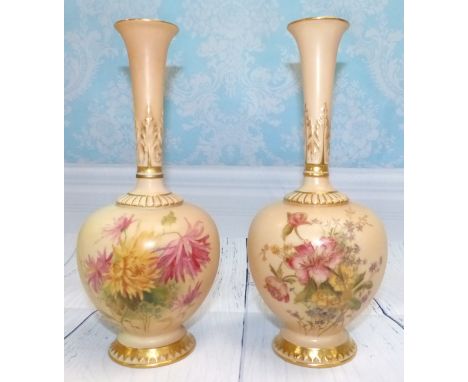 A pair of late 19th Century Royal Worcester porcelain spherical vases with long slender flared necks and circular bases, hand