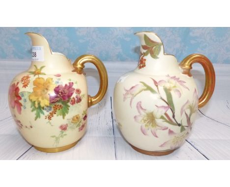 Two late 19th Century Royal Worcester porcelain jugs, one ivory, one peach, heights 7½" (base of ivory jug restored)