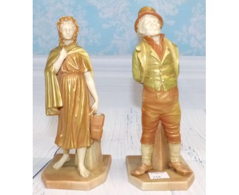 A pair of late 19th Century Royal Worcester porcelain Dickensian figures:  man in top hat, and girl with shawl and basket, in