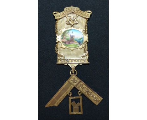 A Masonic badge with pendant square and central enamel depicting an ancient monument, 9 carat gold, inscribed 'Domville Lodge