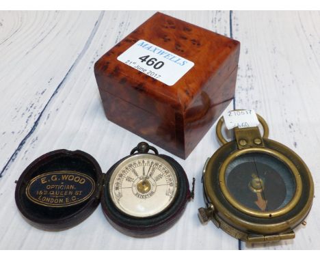 A burr walnut trinket box; a brass prismatic compass; a cased pocket hygrometer