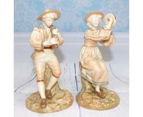 A pair of late 19th Century Royal Worcester porcelain figures:  boy playing a pipe, and girl with tambourine, height 6"