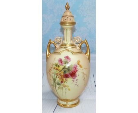 A late 19th Century Royal Worcester porcelain bulbous slender neck 2-handled covered vase with pierced dome top, hand painted