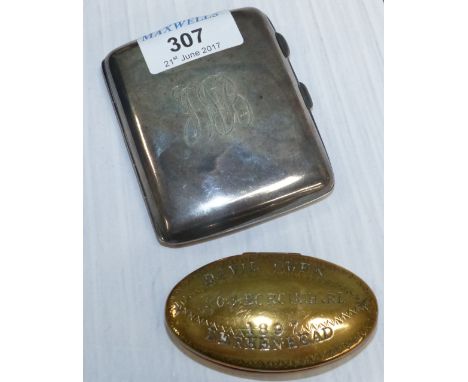 A hallmarked silver monogrammed cigarette case, Birmingham 1919, 2.8 gm; a 19th century brass oval snuff box, David Owen 1897