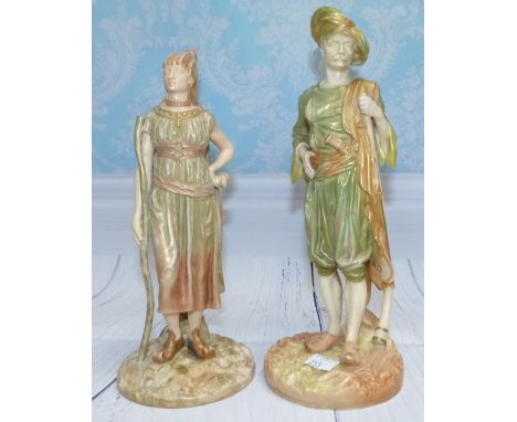 A pair of late 19th Century Royal Worcester porcelain Middle Eastern figures:  man with gun, and woman with conical hat and s