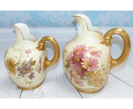 Two late 19th Century Royal Worcester porcelain jugs one ivory, one peach, heights 6¼" & 5½"