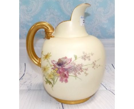 A late 19th Century Royal Worcester porcelain jug, hand painted with floral decoration against an ivory ground with gilt high