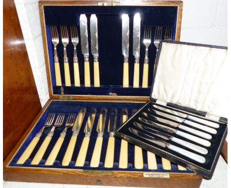 A 12 setting fish canteen in oak case; a set of 6 mother-of-pearl handle tea knives, cased