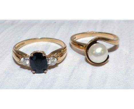 Two 9 carat hallmarked gold dress rings set pearl, diamond and sapphire simulants, 5.7gm