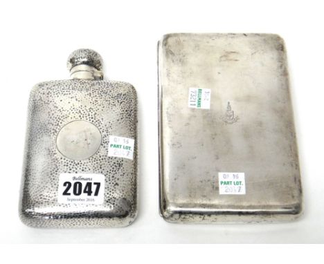 Silver, comprising; a rectangular spirit flask, having Martele decoration, Birmingham 1902 and a rectangular cigar case, shie