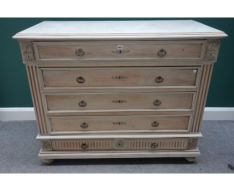 A 19th century secretaire commode, the white marble inset rectangular top over a grey painted base of five long graduated dra