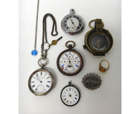 A base metal cased keyless wind open faced calendar pocket watch, a silver cased openfaced pocket watch with a key and a chai