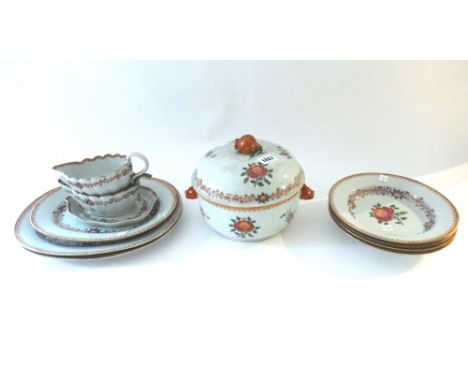 A Chinese export famille-rose part service , Qianlong, painted in Compagnie des Indes style with flowers inside bamboo border