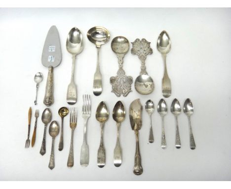 Silver, comprising; a fiddle pattern tablespoon, London 1838, six further spoons, a butter knife and a Victorian christening 