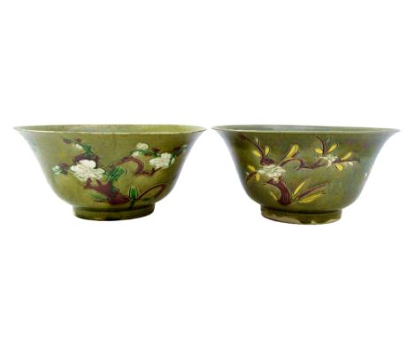 Two Chinese porcelain Brinjal bowls, Kangxi, incised with flower sprays, glazed in aubergine, white, green or yellow against 