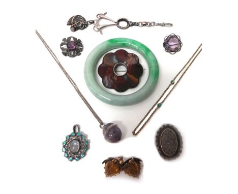 A moonstone set and blue/green enamelled pendant, in an Art Nouveau design, an amethyst quartz pendant with a neckchain, a tu